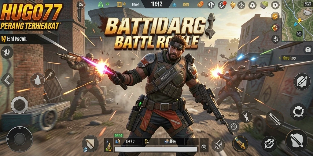 Tangkapan layar gameplay HUGO77 yang penuh aksi dalam pertarungan Battle Royale.