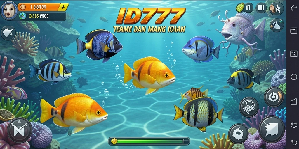 Tampilan screenshot gameplay ID777 dengan aksi menangkap ikan.