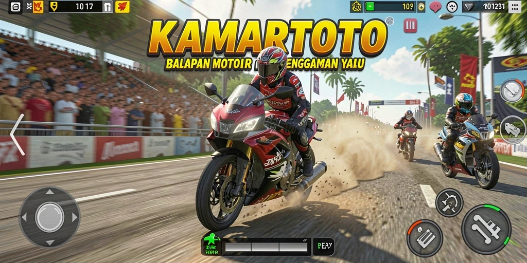 Tampilan gameplay KAMARTOTO yang mendebarkan saat balapan motor.