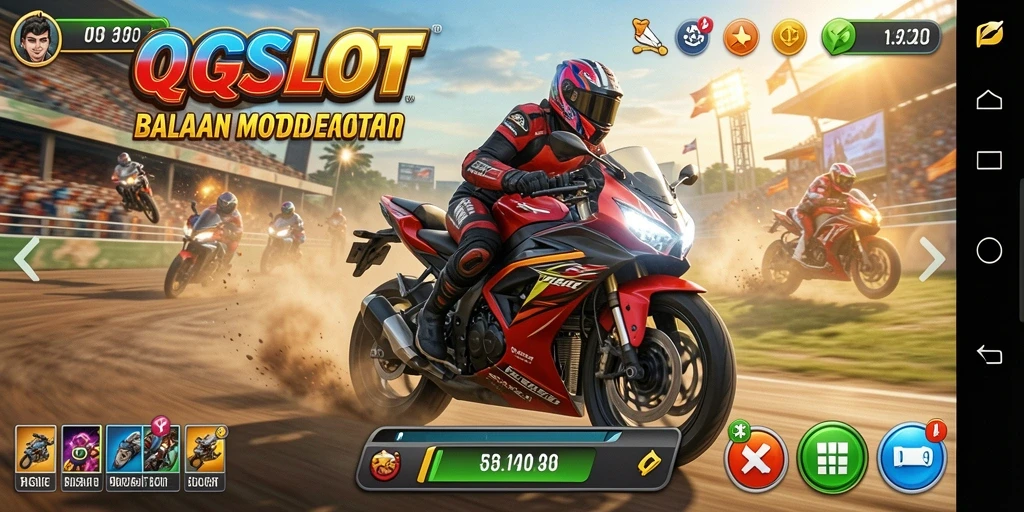 Screenshot gameplay <strong>QQSLOT</strong> dengan aksi balapan motor yang intens.