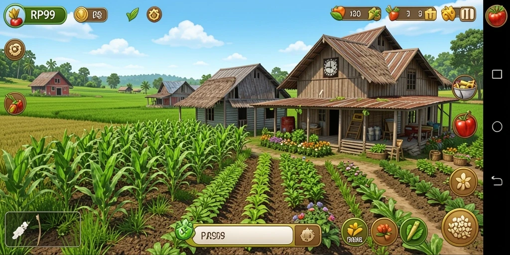 Screenshot utama RP99 menampilkan gameplay seru bertani.