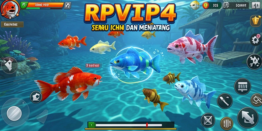 Tampilan gameplay RPVIP4 dengan ikan beragam dan senjata menarik.