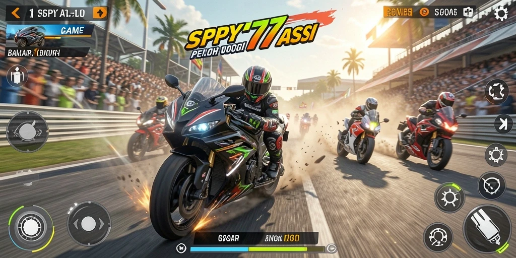Tampilan gameplay mendebarkan dalam balapan motor SPY77.
