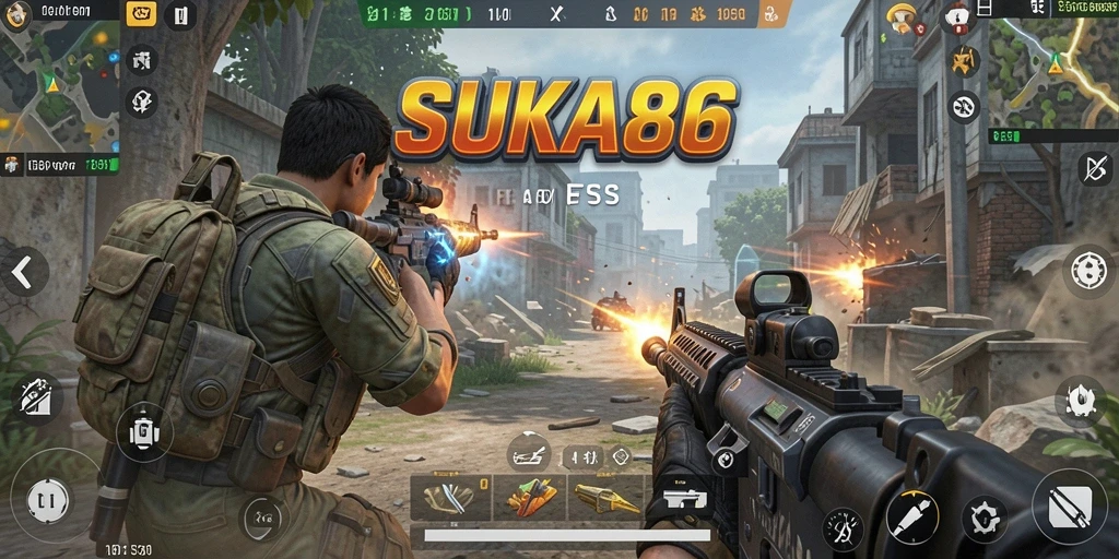 Tangkapan layar menampilkan aksi menegangkan dalam gameplay FPS SUKA86.