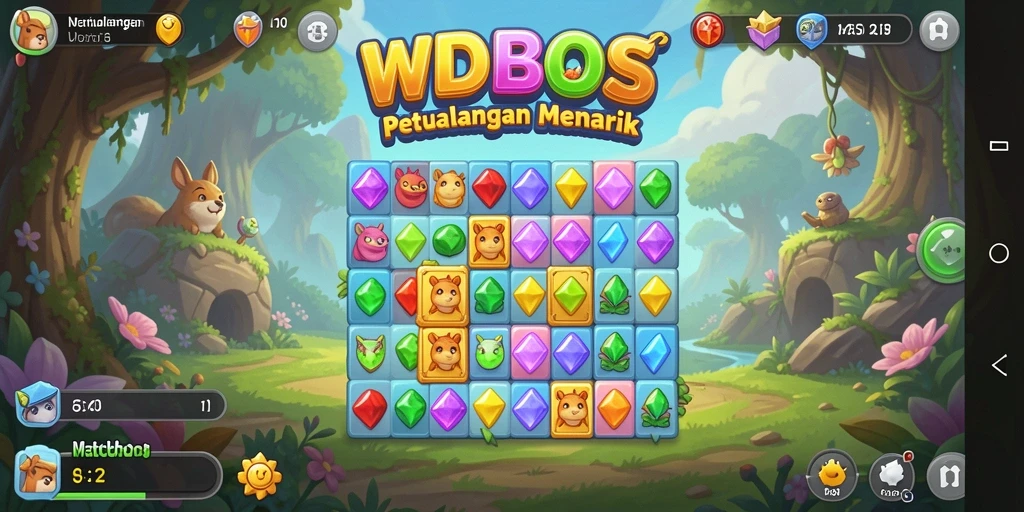 Screenshot gameplay WDBOS yang menampilkan kombinasi permata yang menarik.